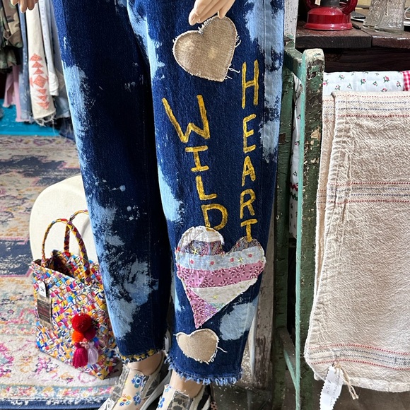 Sassy Britches & Wild Stitches Denim - Women Handmade Reworked Upcycled Painted Vintage Quilt Barrel Ballon Denim Jean